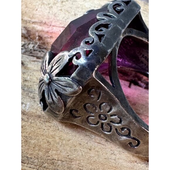 Antique Silver Floral Ring With Large Violet Purple Faceted Stone 13.81g - Picture 4 of 8
